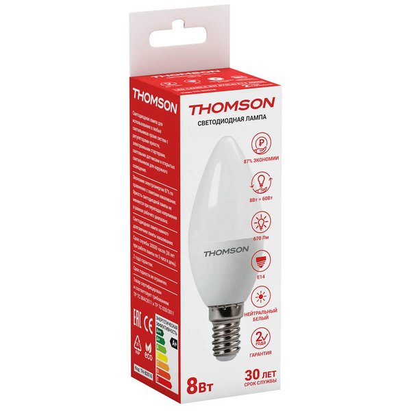 Лампа светодиодная THOMSON 8Вт Е14 свеча 4000К свет нейтральный белый