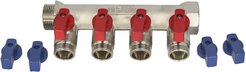 Коллектор латунный 3/4" на 4 выхода 1/2" с наружной резьбой и отсекающими кранами