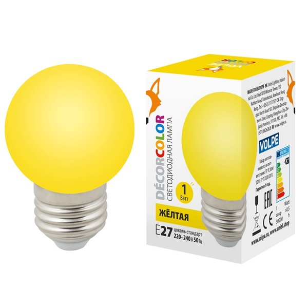 Лампа светодиодная VOLPE 1Вт шар Е27 свет желтый