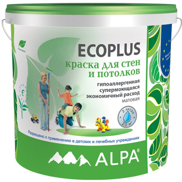 Краска моющаяся экологичная ALPA ECOPLUS матовая белая (0,9л/1,44кг)