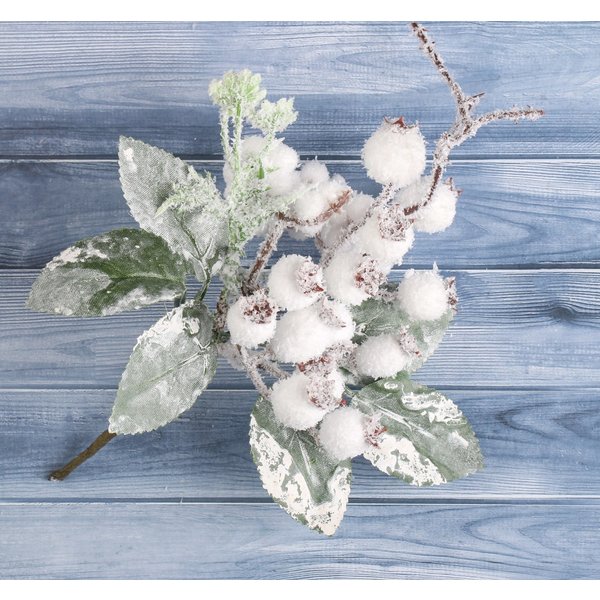 Ветка для декора Зимняя магия белые ягоды листья иней, 20см 4301796