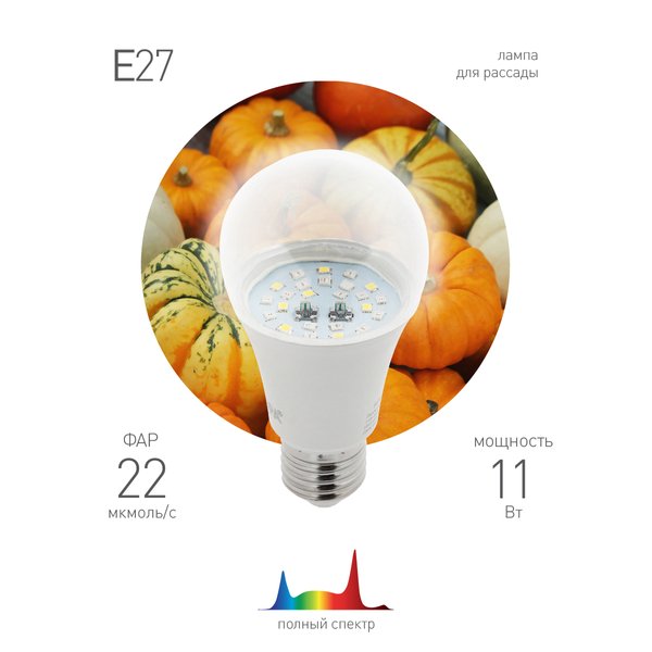 Лампа светодиодная для растений ЭРА FITO-11W-Ra90-E 27 полного спектра 11Вт Е27