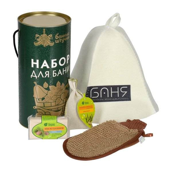 Набор подарочный для бани и сауны в тубе, 4 предмета (шапка, мыло, запарка, мочалка)
