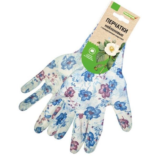 Перчатки садовые нейлоновые с покрытием белые с цветами Praktische Home G-109-4