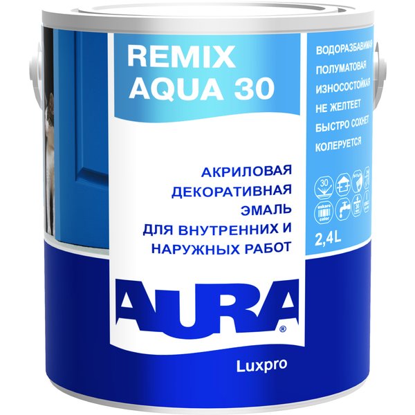 Эмаль акриловая AURA Luxpro Remix Aqua 30 полуматовая белая (2,4л)