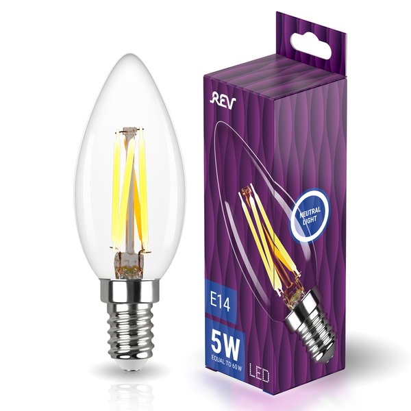 Лампа светодиодная REV Filament 5Вт Е14 свеча 4000К свет нейтральный белый
