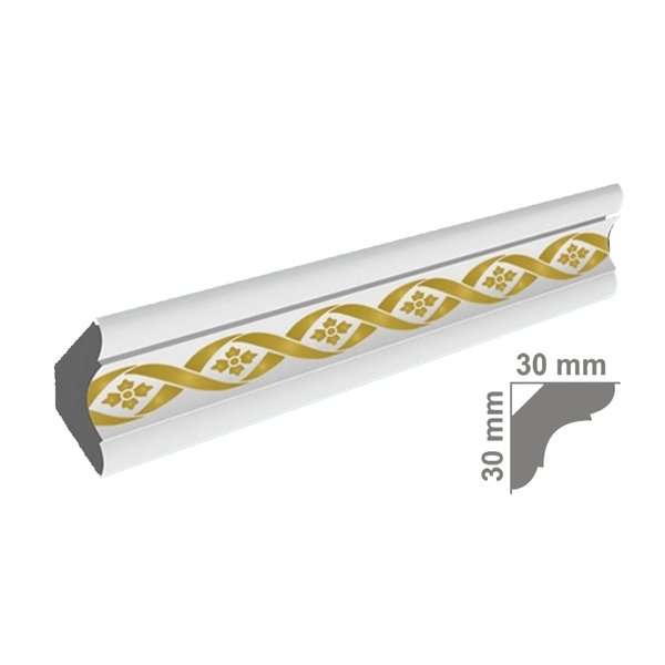 Плинтус потолочный 30х30х2000мм белый гладкий с рисунком FK-4016 золото полистирол