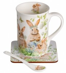 Кружка Зайчики в цветах 330мл фарфор, подставка пробка