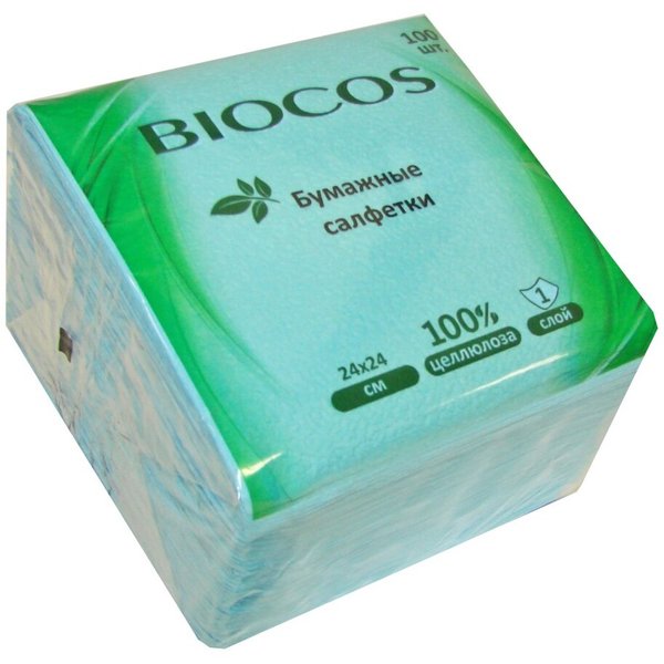 Салфетки бумажные BioCos 24х24см 100шт белые, 1-слойные