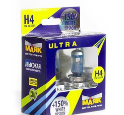 Автолампа МАЯК ULTRA H4/12V/60/55W+150% P43t White Vision 2шт