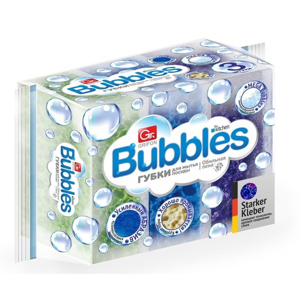 Губка д/посуды Grifon Bubbles 9,5×6,5×3,6см 3шт поролон
