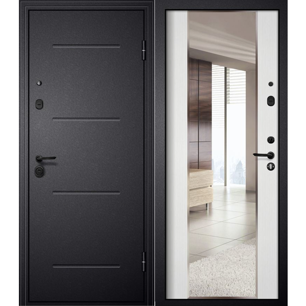 Дверь входная M-4 черный шелк зеркало ПВХ белый ясень 860 левая