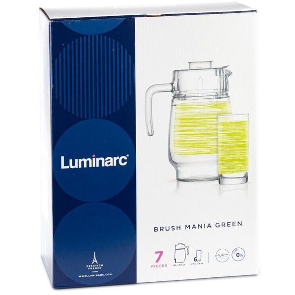 Набор питьевой Luminarc Brush Mania Green Кувшин 1,6л+Стакан 270мл 6шт стекло