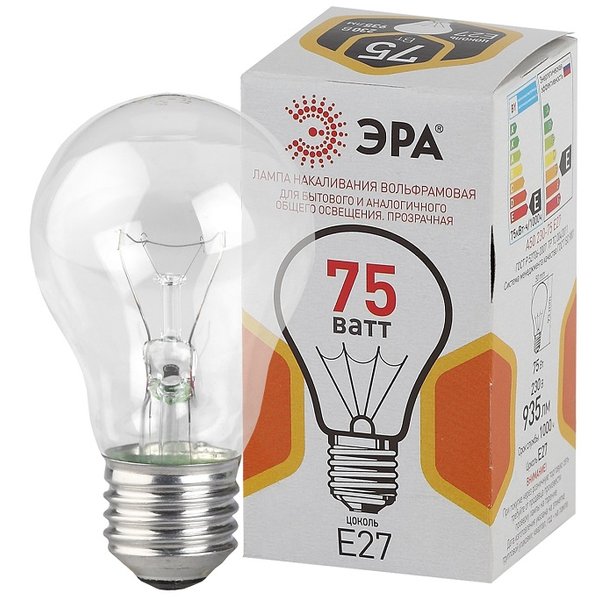 Лампа накаливания ЭРА 75Вт Е27 груша 2700-3000К прозрачная свет теплый