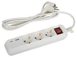 Удлинитель бытовой ЭРА 3 гнезда 1,5м с выключателем/USB/Тype-C с заземлением