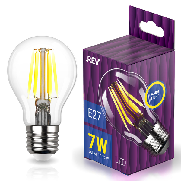 Лампа светодиодная REV Filament 7Вт Е27 груша 2700К свет тпелый