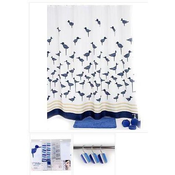 Набор штора и крючки для ванной,Птицы 180х200см