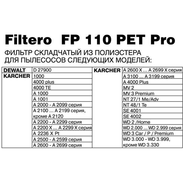 Фильтр к строительным пылесосам Filtero FP 110 PET Pro для пылесосов Karcher
