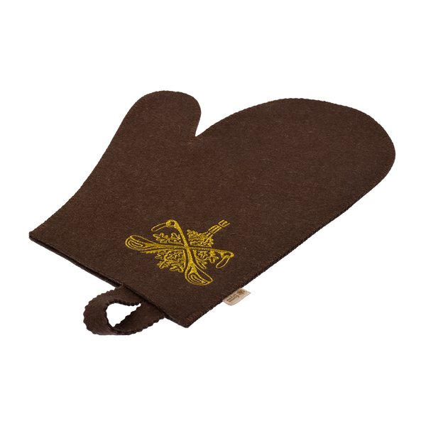 Рукавица для бани и сауны коричневая с вышитым логотипом Банные штучки,войлок