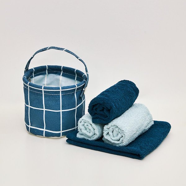 Комплект махровых полотенец в подарочной корзине ( 30х30 - 4шт) 2 синих+2 голубых