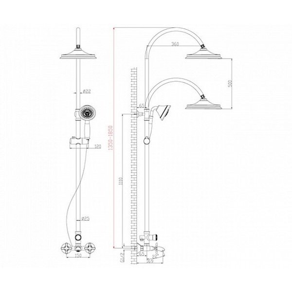 Система душевая LM5762C Дуэтто:смеситель для ванны с верхней душевой лейкой Тропический дождь,фиксированый изл