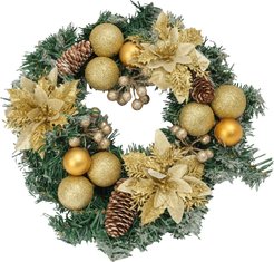 Венок новогодний 40см с золотыми цветами и шарами ПВХ, SYHH-0924028