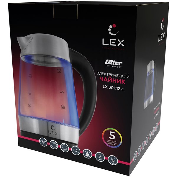 Чайник электрический LEX LX 30012-1 2200Вт 1,7л стекло, черный