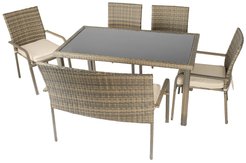 Набор садовой мебели Лиссабон (стол+4 стула+скамья), сталь/иск.ротанг, серо-бежевый, F6034