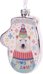 Украшение подвесное новогоднее Белый Мишка 2,5x6,5x10см стекло,87217