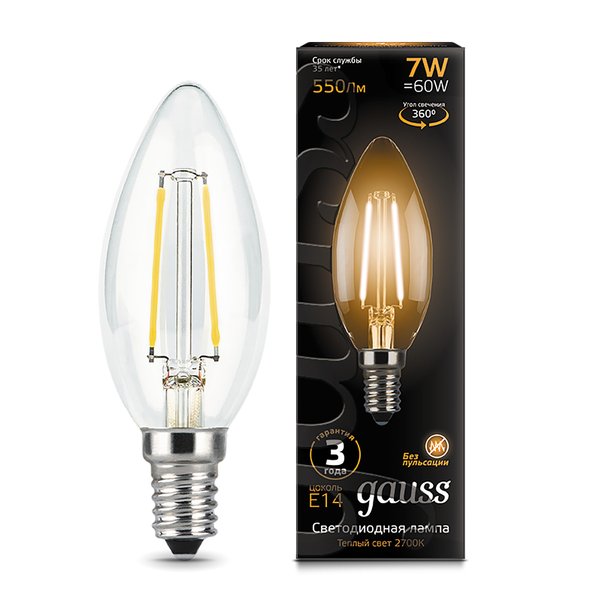 Лампа светодиодная Gauss Filament 7Вт Е14 свеча 2700К свет теплый
