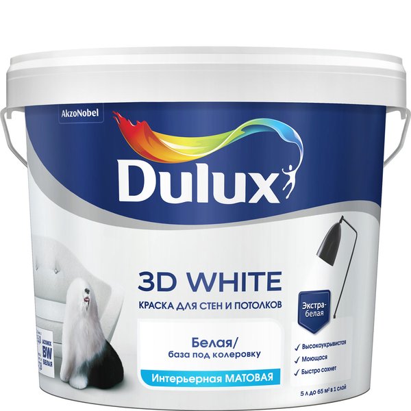 Краска для стен и потолков Dulux 3D White матовая белая (5л)