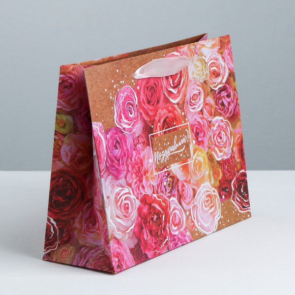 Пакет горизонтальный крафтовый Цветочное настроение 27×23×8см 