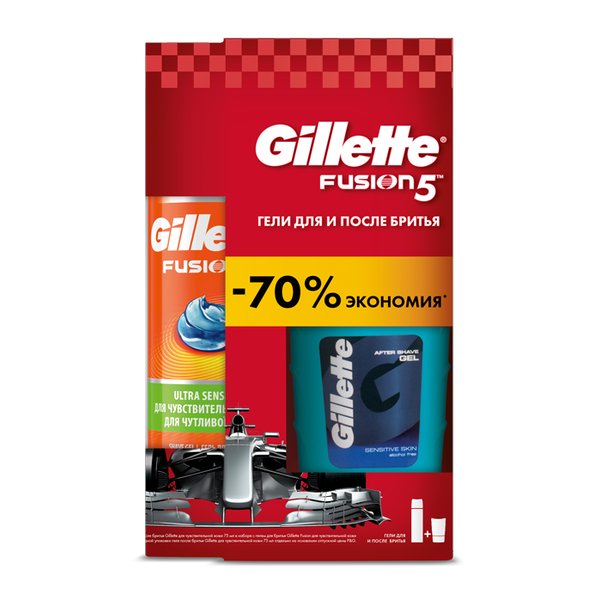 Промонабор Gillette Fusion для чувств.кожи Гель для бритья 200мл+Гель п/бритья 7