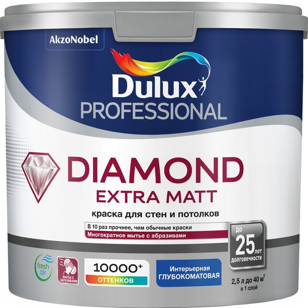 Краска для стен и потолков Dulux Professional Diamond Extra Matt глубокоматовая белая BW (2,5л)