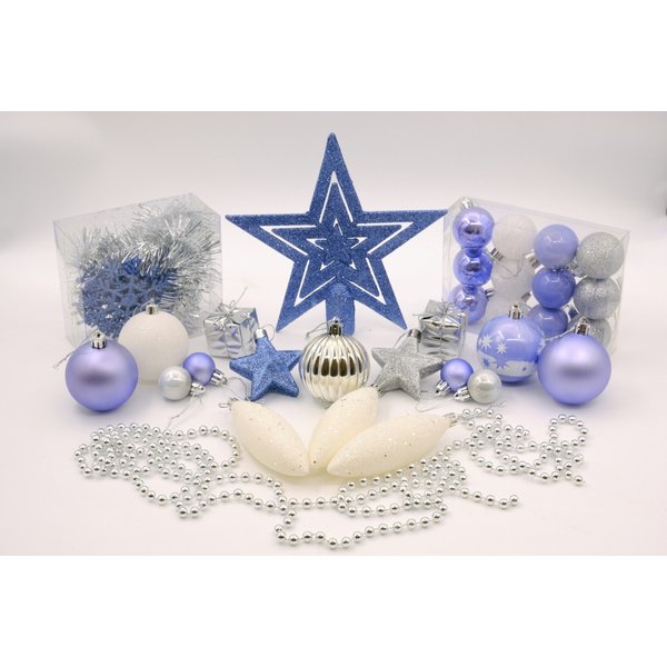 Набор украшений звёзды,снежинки,подарки,сосульки,колокольчики,бусы,шары 59шт белый и голубой SYQB-0120173