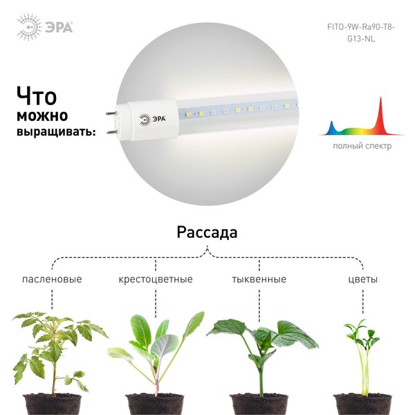 Лампа светодиодная для растений ЭРА FITO-9W-Ra90-Т8-G13-NL полного спектра 9Вт Т8 G13