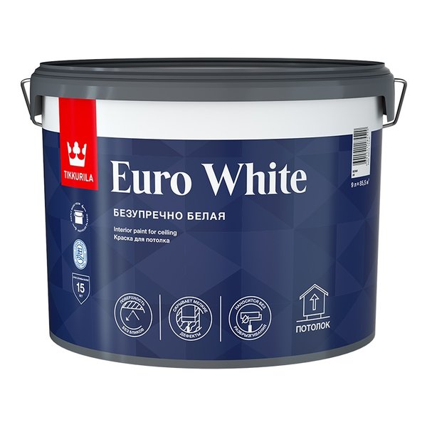 Краска для потолка Tikkurila EURO WHITE белая глубокоматовая (9л)