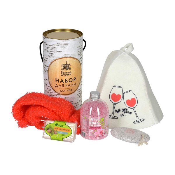 Набор подарочный для бани и сауны в тубе, 5 предметов (шапка, мочалка, мыло, соль для ванны, пемза)