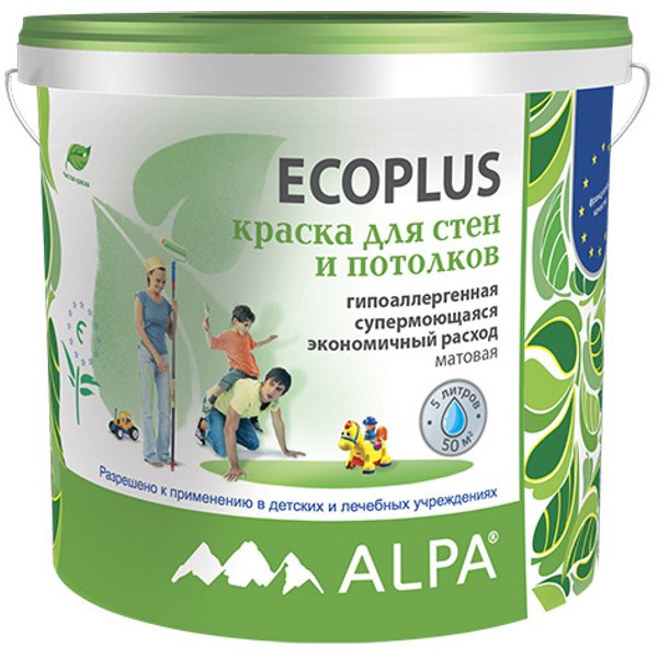 Краска моющаяся экологичная ALPA ECOPLUS матовая белая (5л/8кг)