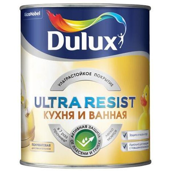 Краска Dulux Ultra Resist Кухня и ванная полуматовая белая (1л)