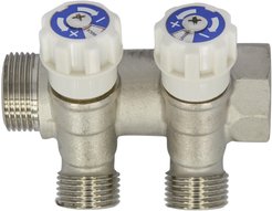 Коллектор латунный 3/4" на 2 выхода 1/2" с наружной резьбой и регулирующими вентилями