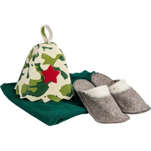 Набор подарочный из 3-х предметов (накидка,шапка армейская,тапочки войлок) Банные штучки