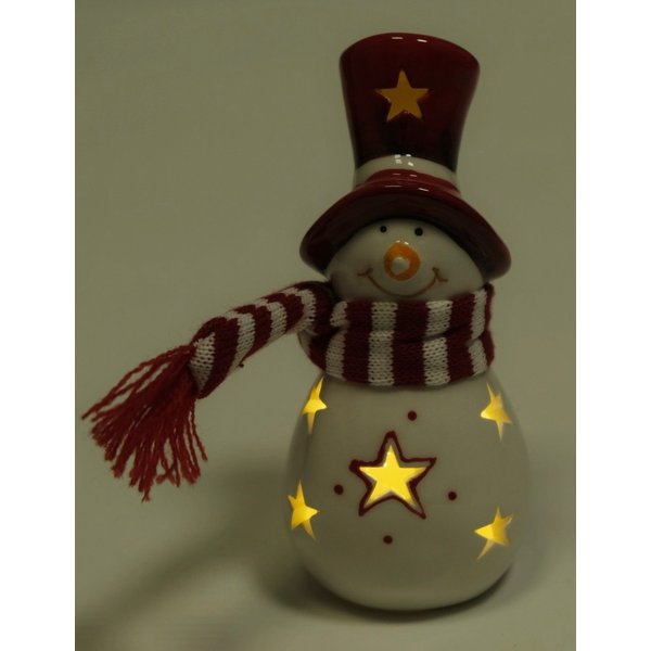 Фигурка керамическая Снеговик с полосатым шарфом 13см, красно-белый, LED-подсветка, SYTCC-3823281
