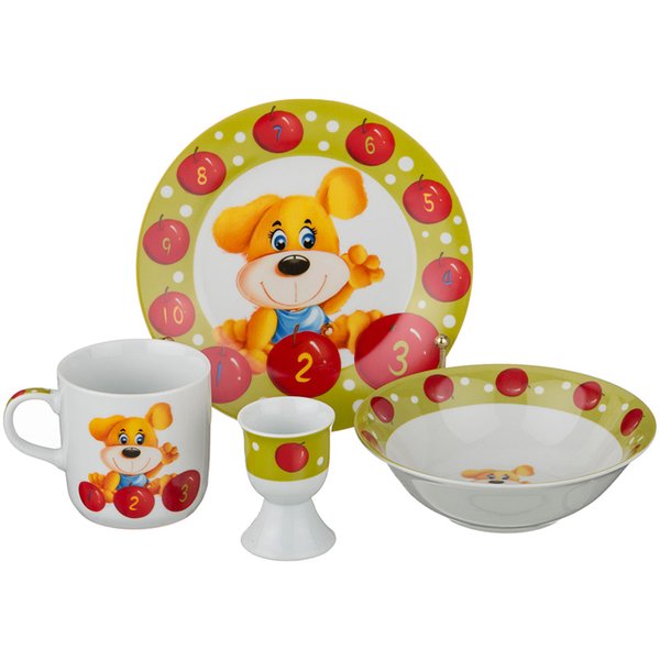 Набор детской посуды Собачка 4предмета:миска,тарелка,кружка 200мл,подст.под яйцо,фарфор арт.87-107