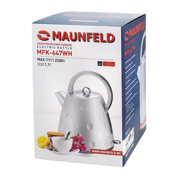 Чайник электрический MAUNFELD MFK-647BK, 2200Вт 1,7л, пластик, белый