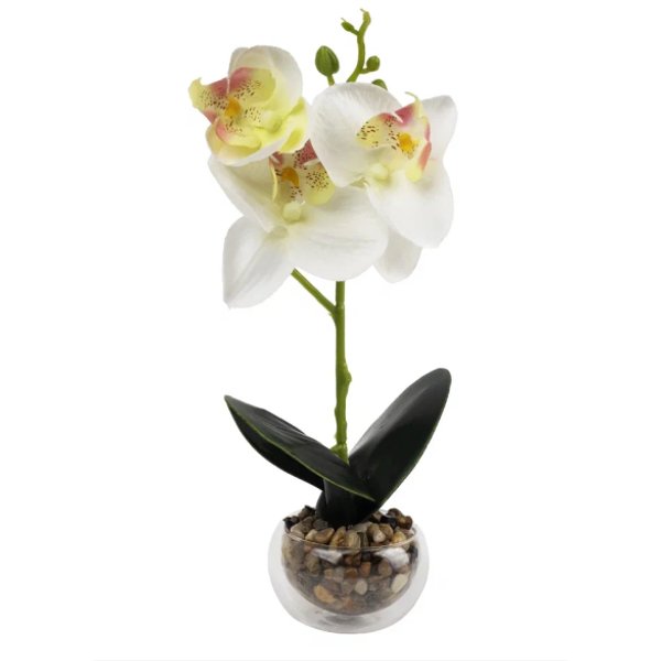 Орхидея белая в кашпо из стекла 25х8х8см