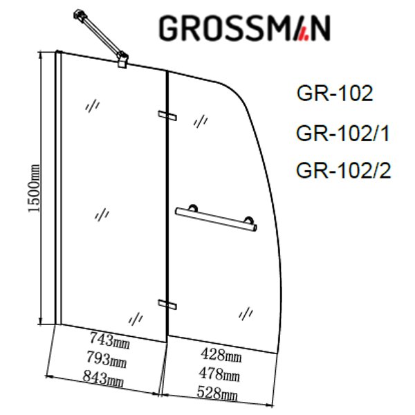 Шторка для ванны Grossman GR-102 (150х90) стекло прозрачное 6мм