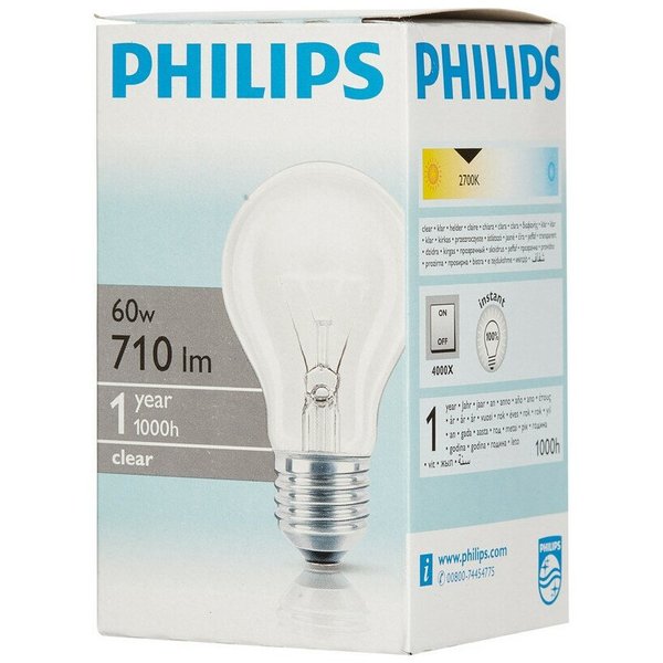 Лампа Philips A55 60W Е27 CL(прозрачная)