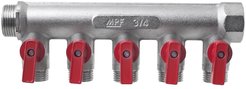 Коллектор латунный 3/4" на 5 выходов 1/2" с наружной резьбой и отсекающими кранами