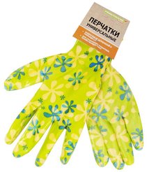 Перчатки садовые нейлоновые с покрытием зеленые с цветами Praktische Home G-111-1
